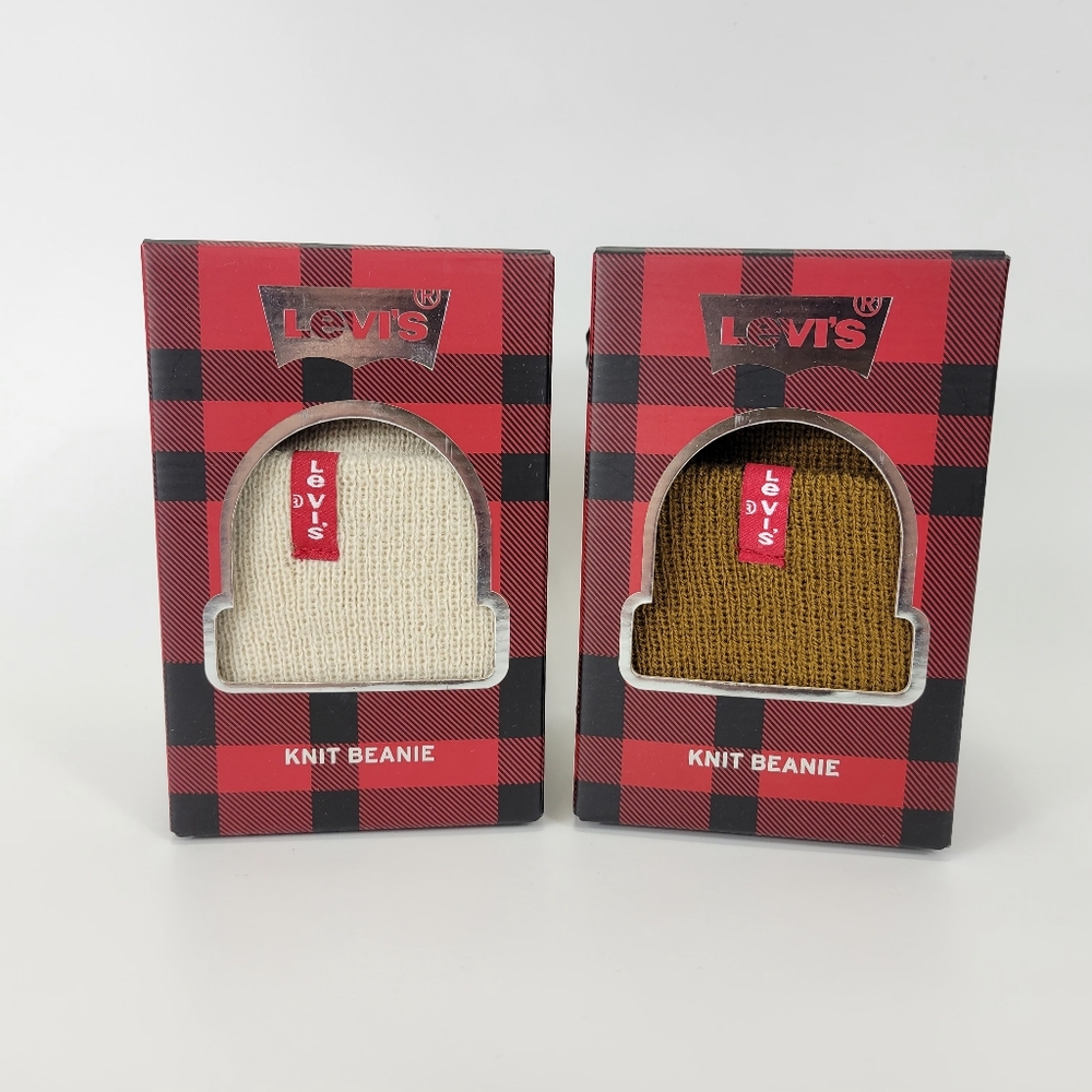 Lot Of 2 Levis Knit Beanie Hat Mens Womens Unisex OS One Size Fits All Tan Cream